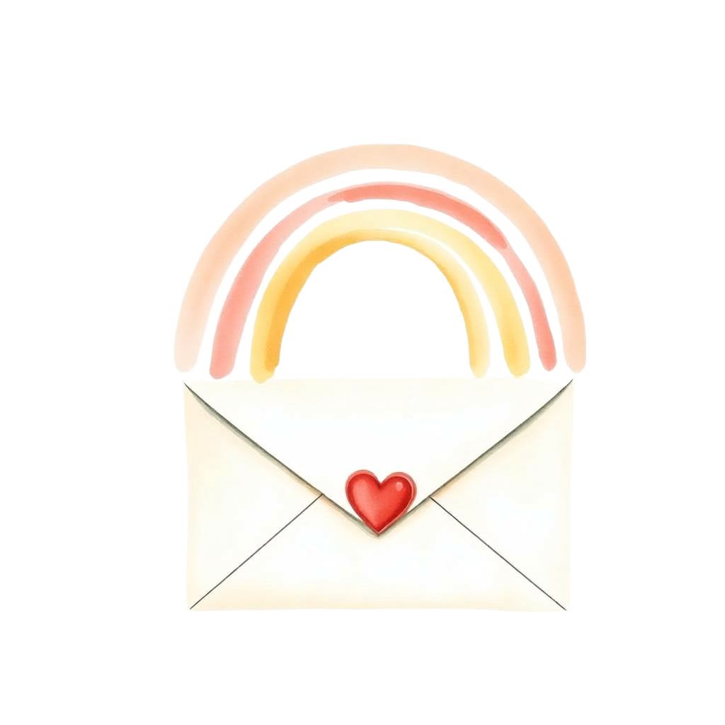 A watercolor envelope with a heart seal and a soft rainbow arching over it